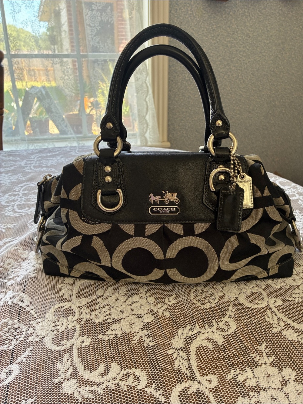Coach Black and Gray Signature Purse Satchel with Leather Trim